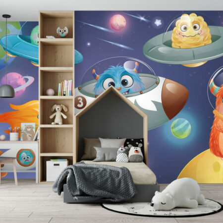 bon plan papier peint intissé voyage dans l'espace avec les monstres mignon chambre bambin