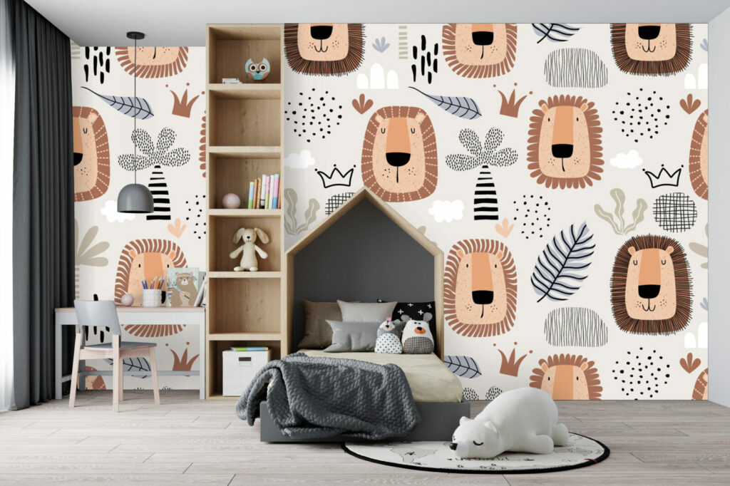 papier peint motif tête de lion trop mignon pour enfant sur-mesure bon marché chambre enfant