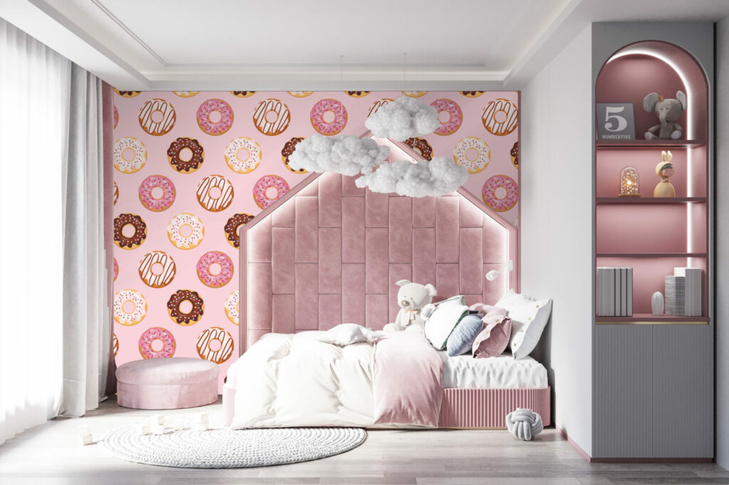 livraison rapide collection tapisserie pré encollée mural moderne pop donuts gourmand sur-mesure abordable maison chambre petite fille