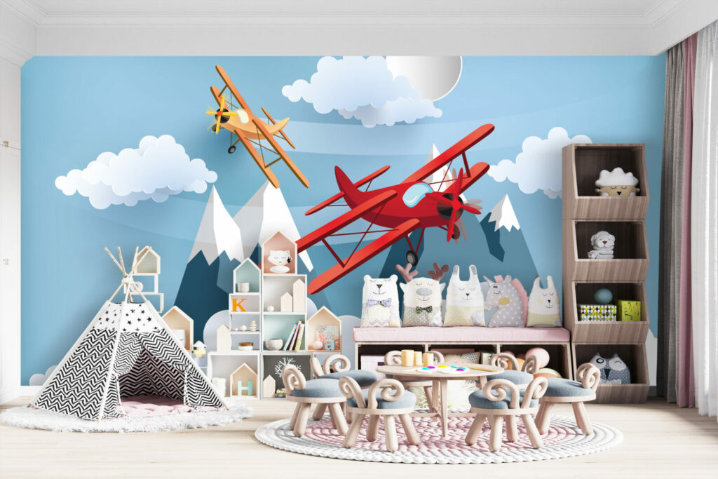 fresque murale panoramique aviateur créatif pas cher salle de jeux enfant
