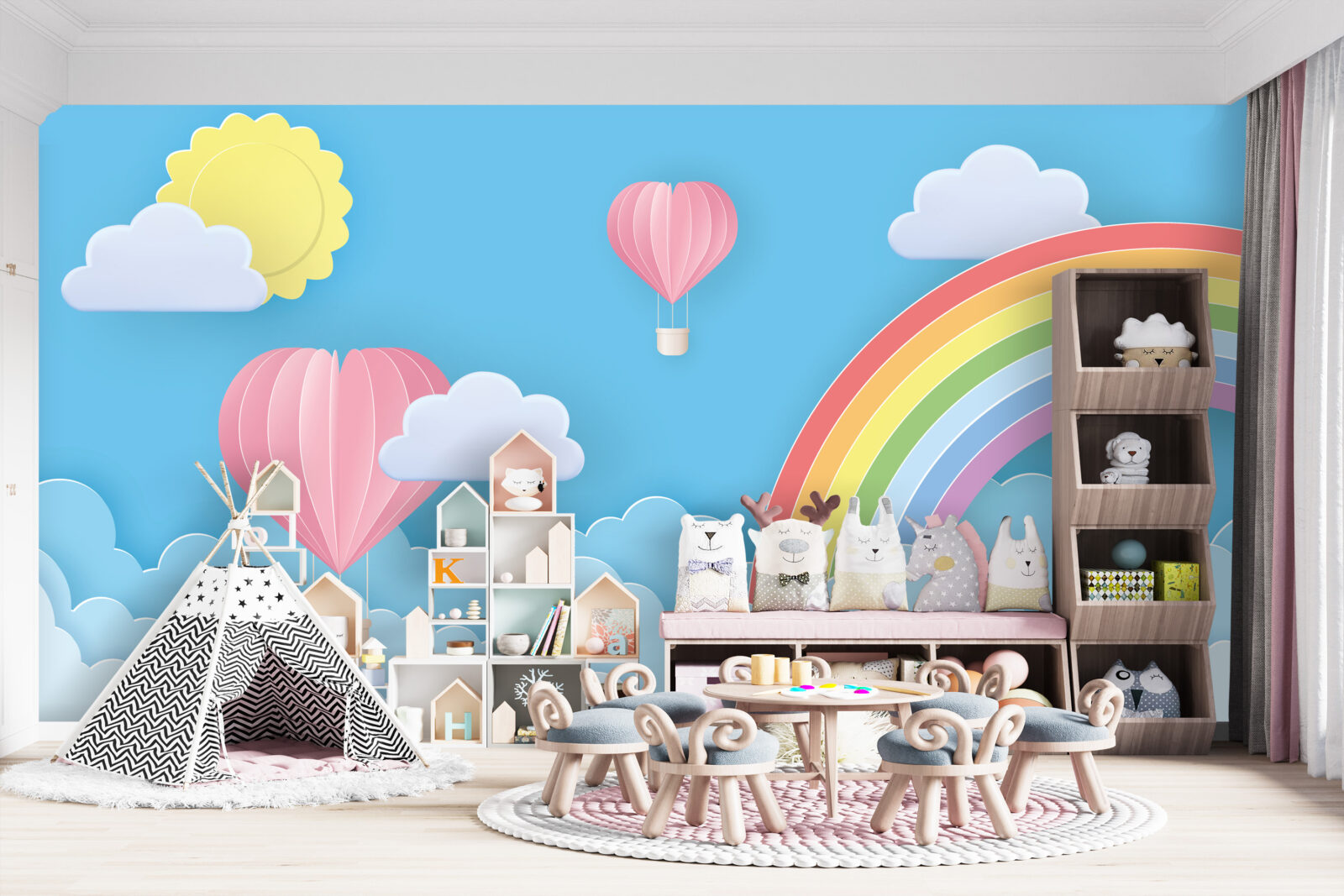 Papier peint panoramique chambre enfant arc en ciel & ours à vélo