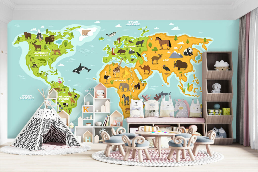 papier peint panoramique éducatif map monde ludique pour enfant pas cher salle de jeux enfant