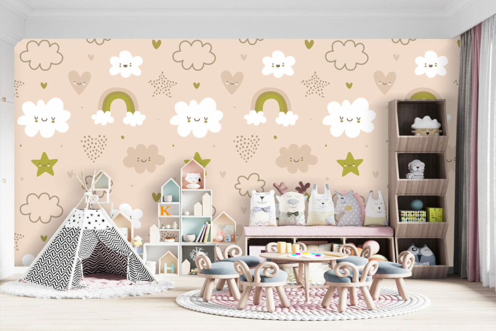 tapisserie rapositionnable nuage enfantin sur mesure salle de jeux - beige