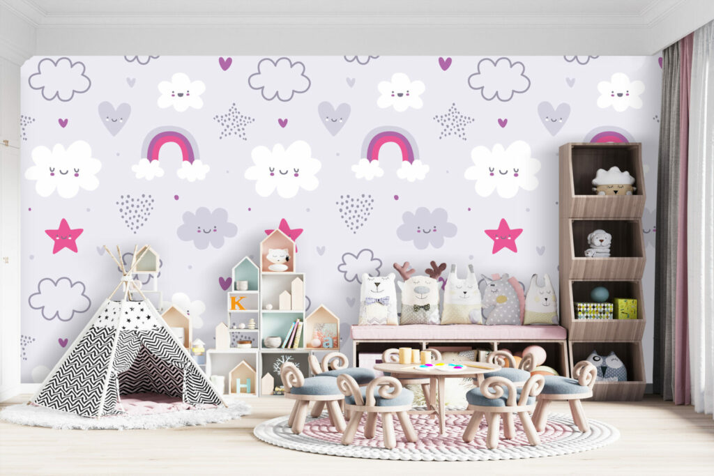 tapisserie rapositionnable nuage enfantin sur mesure salle de jeux - violet