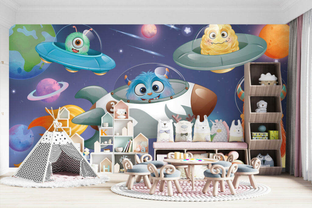 bon plan papier peint intissé voyage dans l'espace avec les monstres mignon salle de jeux enfant