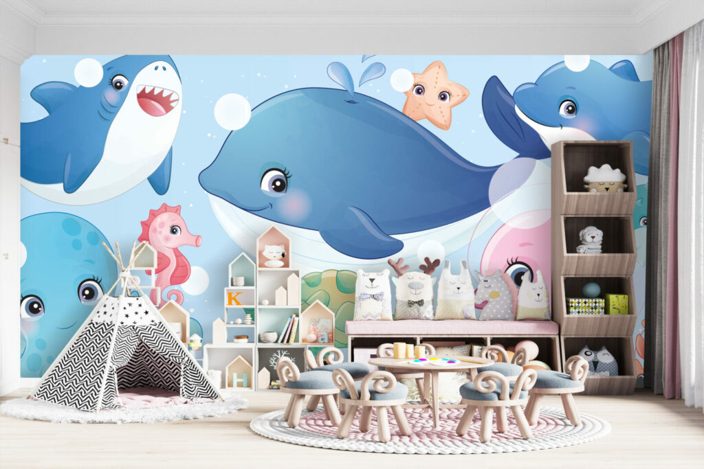 papier peint intissé facile à poser paysage sous marin enfantin pas cher salle de jeux bambin