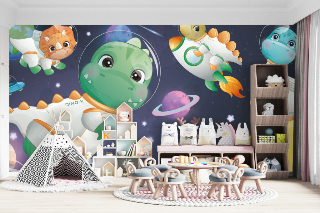 vente papier peint panoramique autocollant paysage espace dinosaure fusée sur-mesure haut de gamme salle de jeu enfant bébé