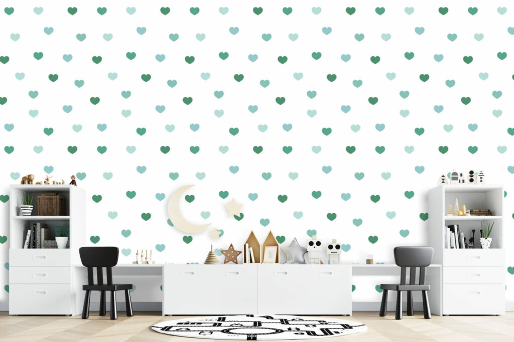 Tapisserie motif coeur décoration pas chère pour salle de jeux - vert