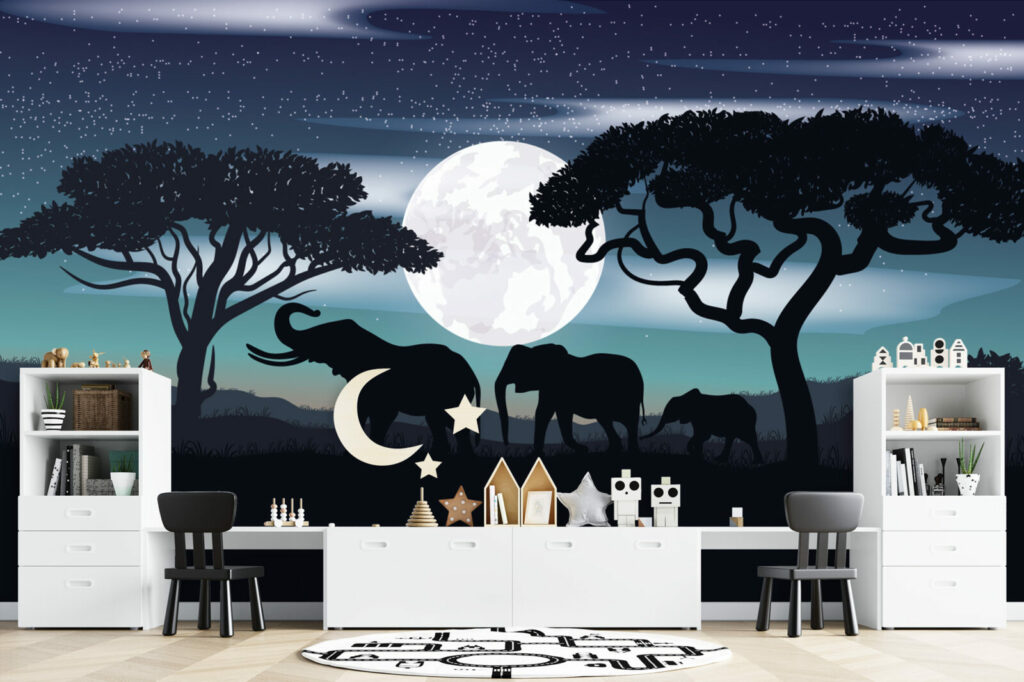 Fresque panoramique paysage féérique Savane de nuit personnalisable bon marché salle de jeux enfant