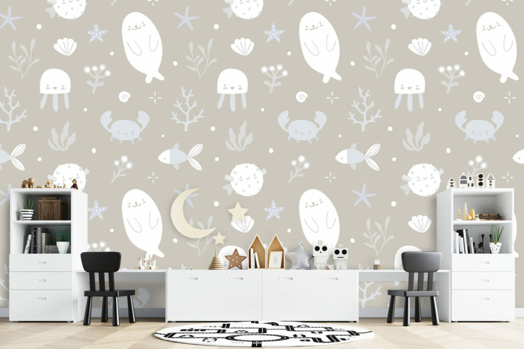 déco murale fond marin sur mesure pas cher salle de jeux enfants - beige
