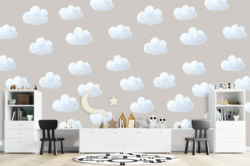 tapisserie enfantine pas cher nuages salle de jeux enfant - beige