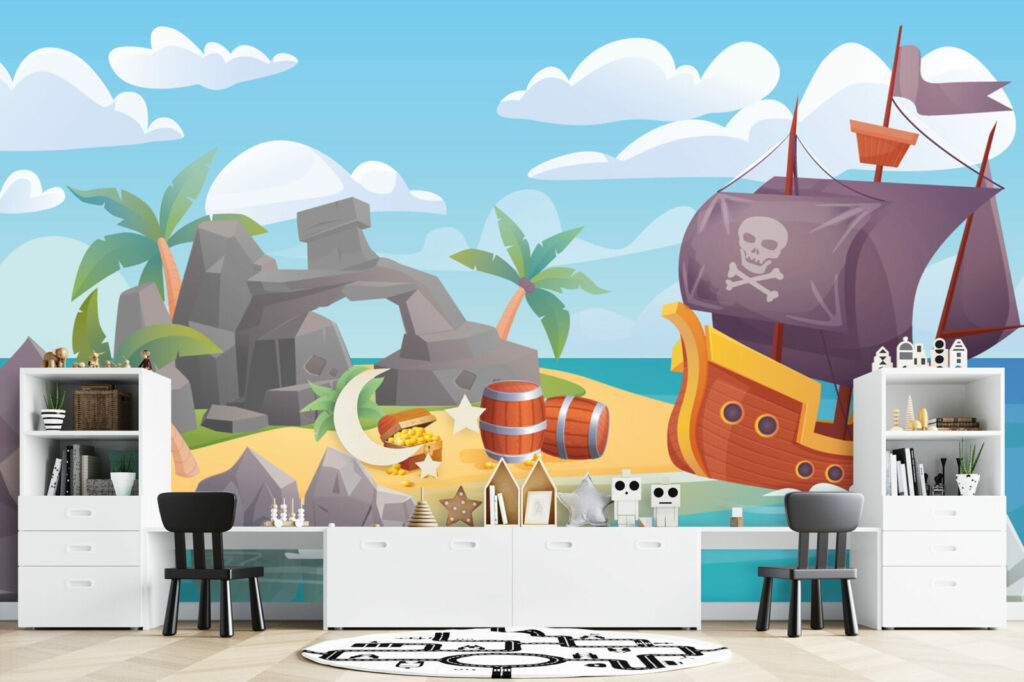 tapisserie vinyle panoramique enfantine bateau pirate sur-mesure livraison rapide salle de jeux pour enfant