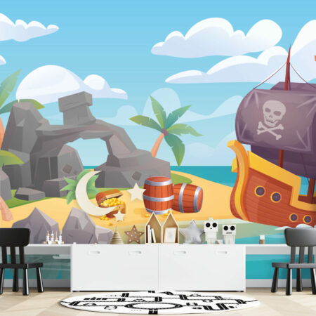 tapisserie vinyle panoramique enfantine bateau pirate sur-mesure livraison rapide salle de jeux pour enfant