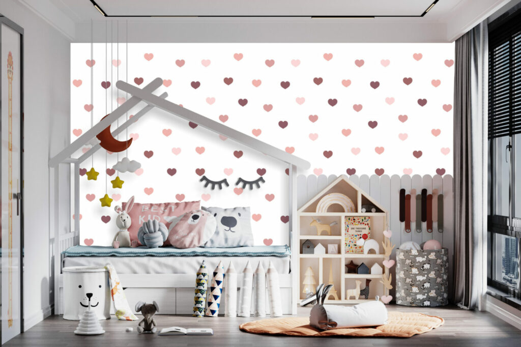 Tapisserie motif coeur décoration pas chère pour chambre enfant - rose
