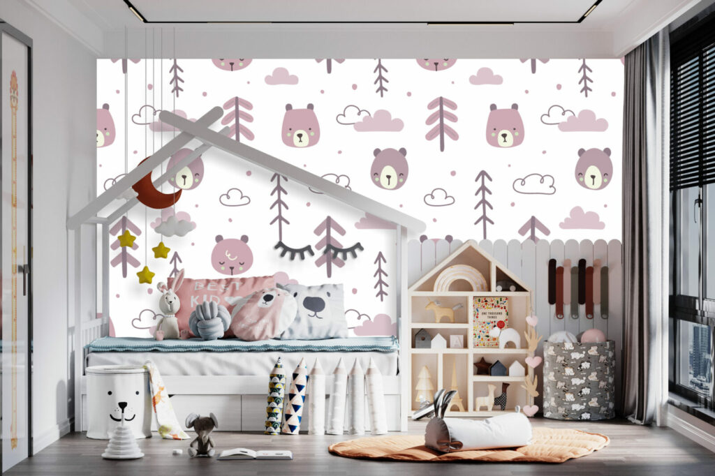 tapisserie repositionnable pas cher ours mignon chambre fille - rose
