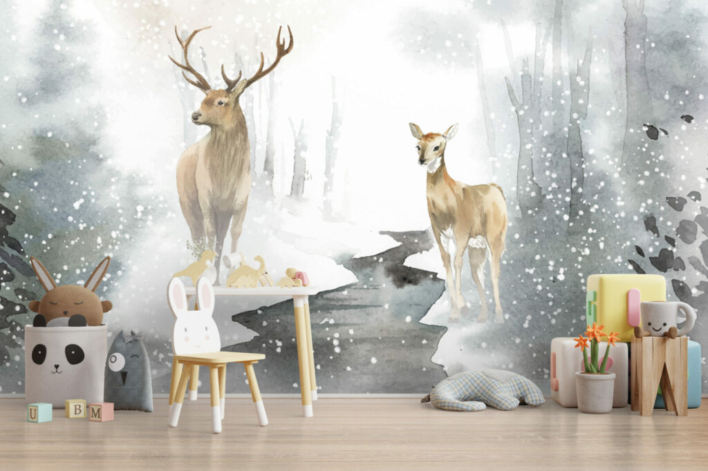 acheter collection papier peint repositionnable aquarelle biche cerf hiver panoramique personnalisé haut de gamme maison salle de jeux enfant