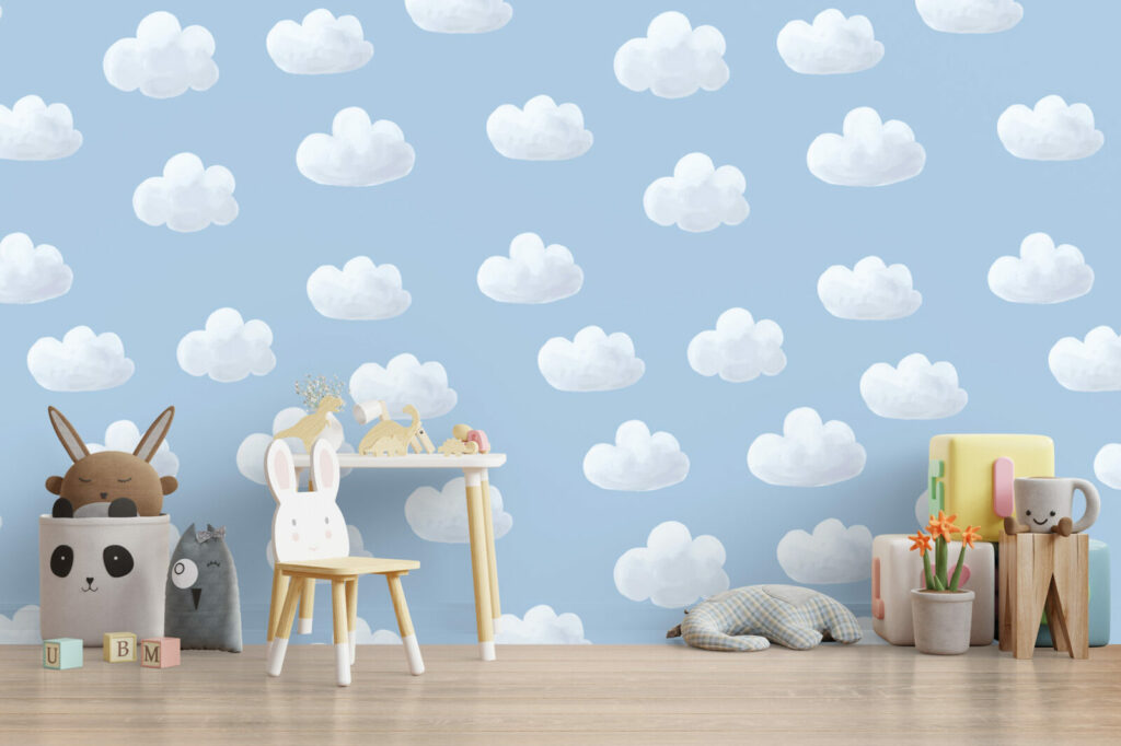 tapisserie enfantine pas cher nuages chambre enfants - bleu