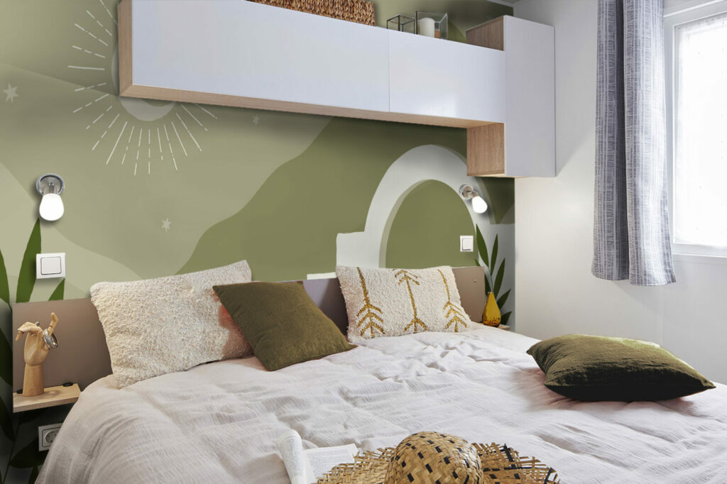 tapisserie repositionnable paysage méditerranéen minimaliste pas cher mobil-home kaki