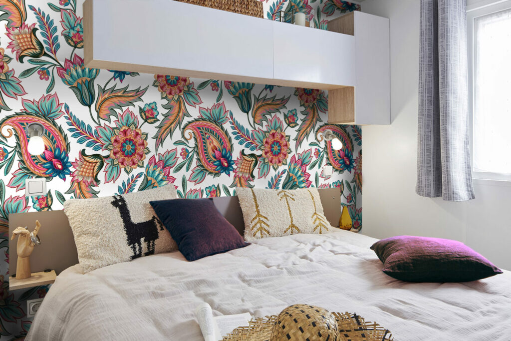 papier peint déco mural floral intense chic chambre mobil home - multicolor
