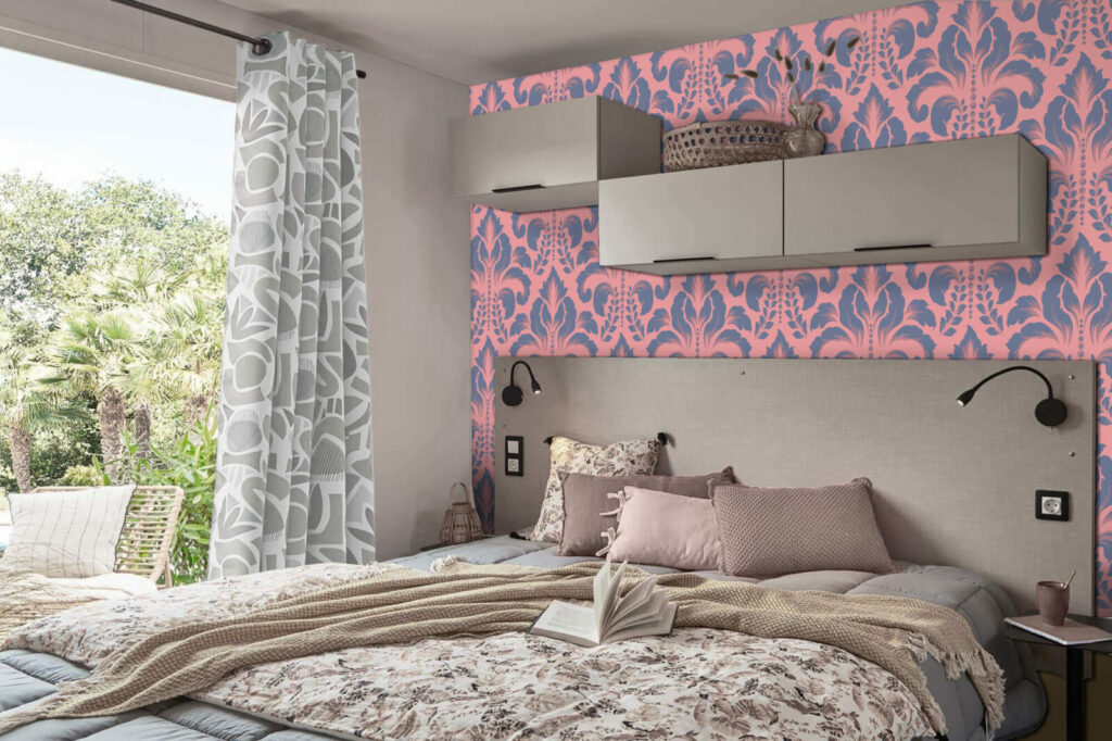 vinyle mural vintage motif Damask pas cher mobil home - rose mauve