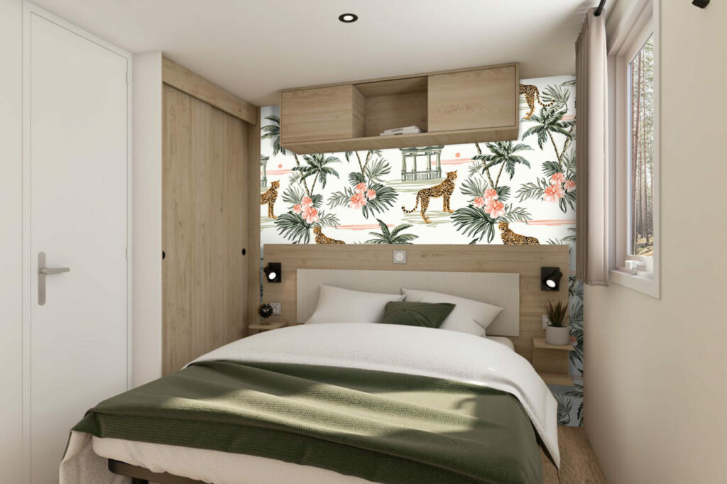 papier peint design motif jungle tropical pas cher mobil home - vert rose