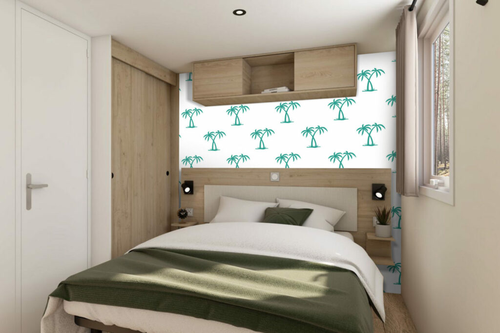 Papier peint motif cocotier tropical pas cher mobil home- blanc vert