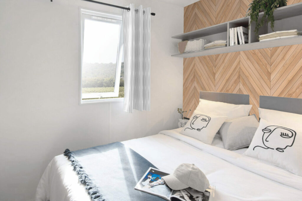 acheter tapisserie imprimé mural imitation chevrons bois personnalisé meilleur prix mobil-home chambre parent