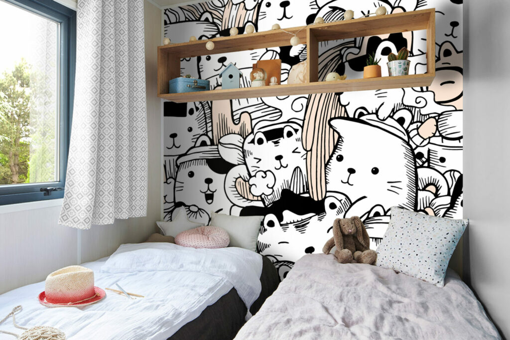 vente fresque murale pré encollée motif petit chat pop doodle personnalisé bon prix mobil-home chambre enfant