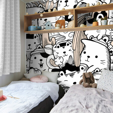 vente fresque murale pré encollée motif petit chat pop doodle personnalisé bon prix mobil-home chambre enfant