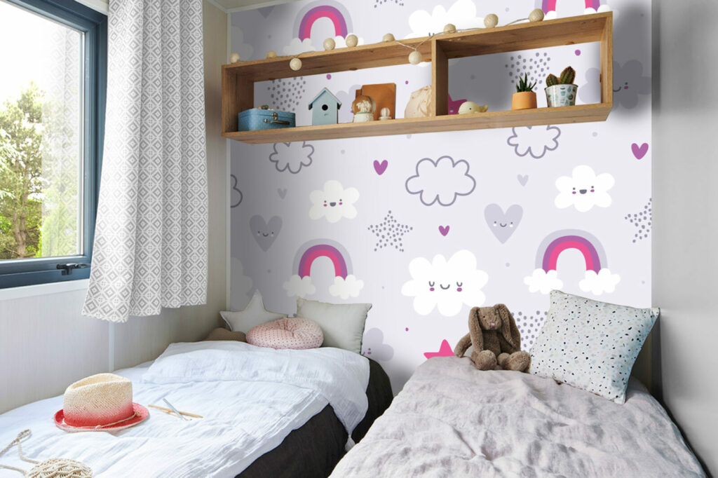 tapisserie rapositionnable nuage enfantin sur mesure mobil home - rose