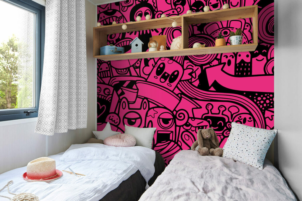 papier peint tendance collection style doodle mignon mobil home - rose