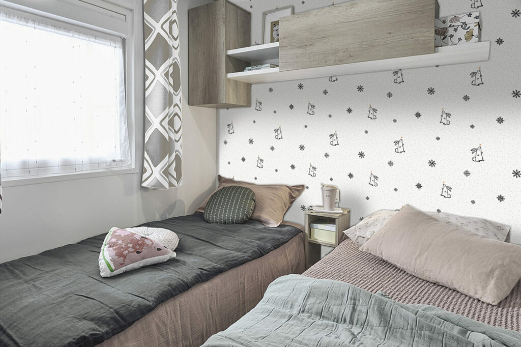 tapisserie imprimée autocollant motif lapin hiver flocon personnalisé pas cher mobil-home chambre enfant doux