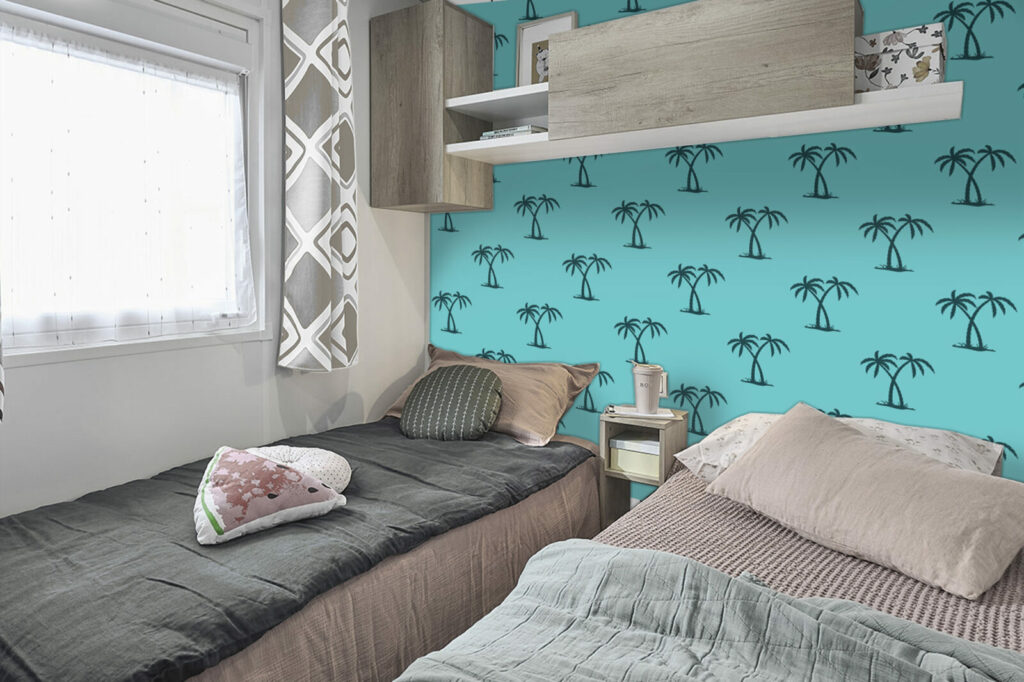 Papier peint motif cocotier tropical pas cher mobil home- turquoise