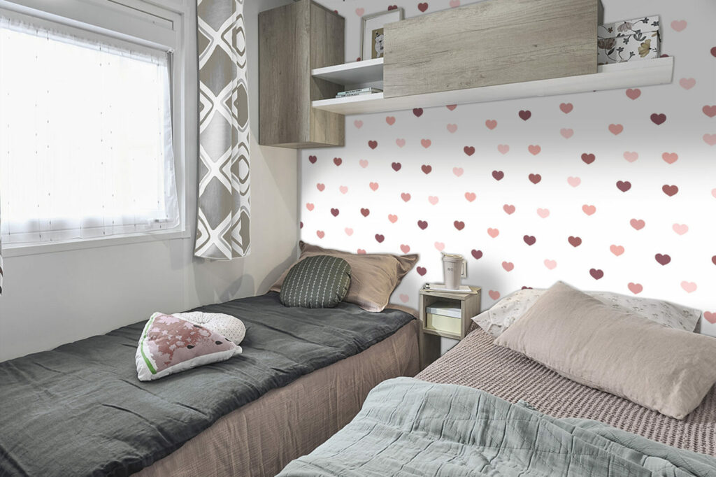 Tapisserie motif coeur décoration pas chère pour mobil-home - rose
