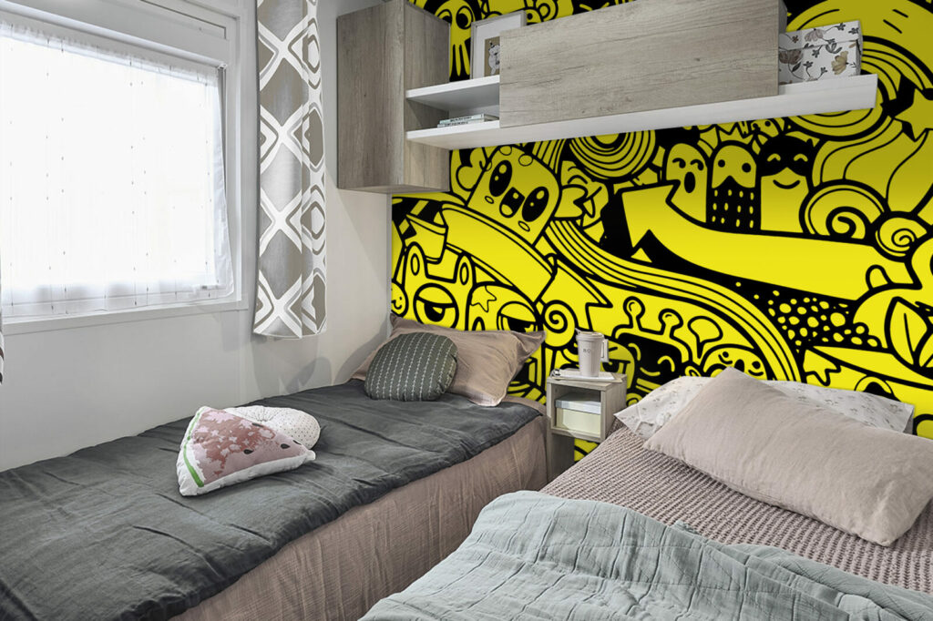 papier peint tendance collection style doodle mignon mobil home - jaune