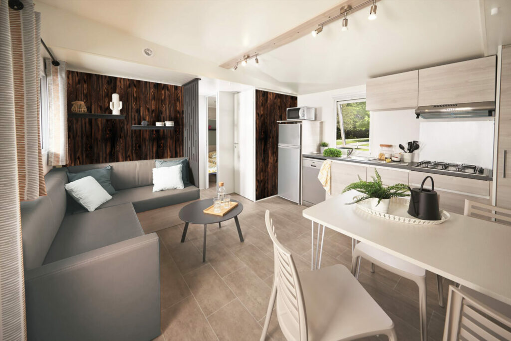 acheter tapisserie vinyle imprimée texture imitation bois encollé personnalisable haut de gamme pour mobil-home salon