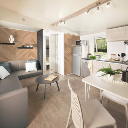 acheter tapisserie imprimé mural imitation chevrons bois personnalisé meilleur prix mobil-home cuisine salon