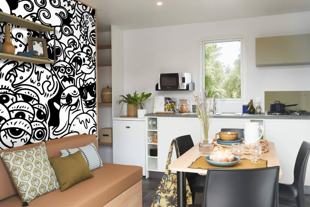 papier peint tendance style doodle rebelle haut de gamme mobil home - noir