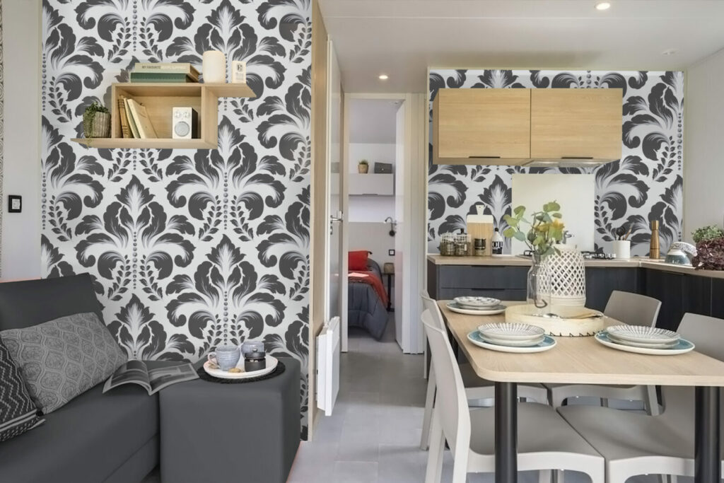 vinyle mural vintage motif Damask pas cher mobil home - gris