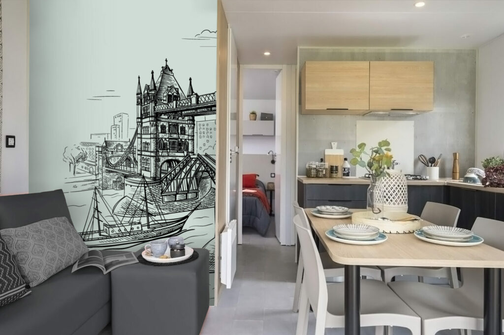 papier peint intissé dessin pont de Londres sur mesure mobil-home - vert