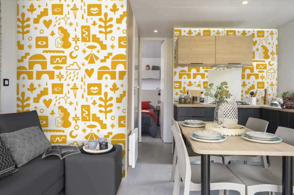 fresque mural de formes abstraites style Mathisse haut de gamme mobil-home - ocre