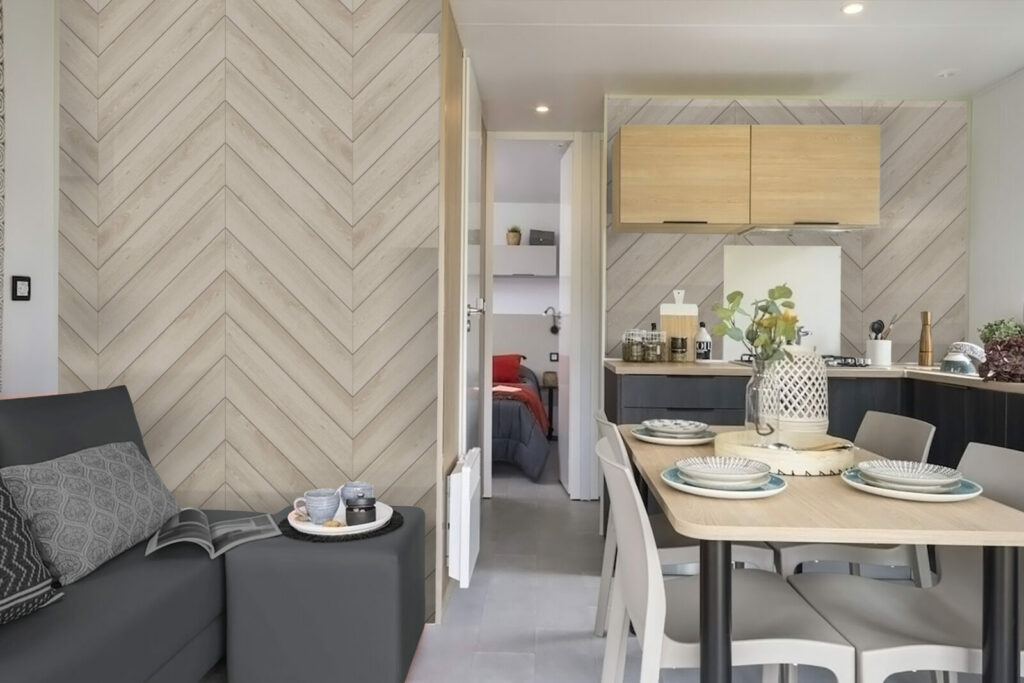 livraison gratuite papier peint imprimé encollé imitation chevrons bois personnalisé pas cher mobil-home cuisine salon