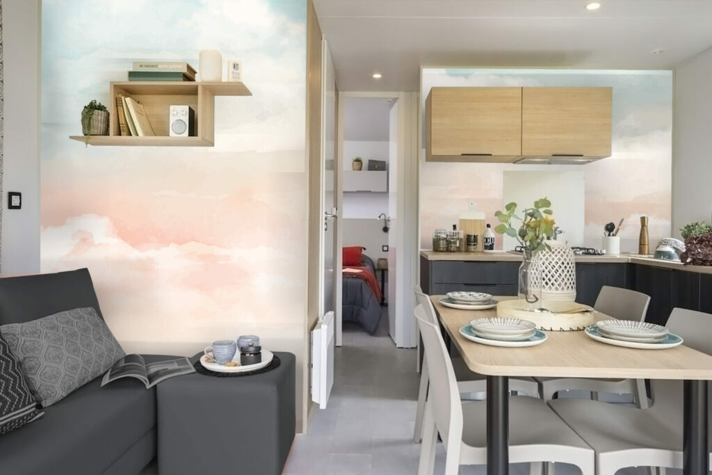 livraison rapide fresque papier peint panoramique minimaliste ciel nuage aquarelle sur mesure haut de gamme mobil-home salle de vie cuisine