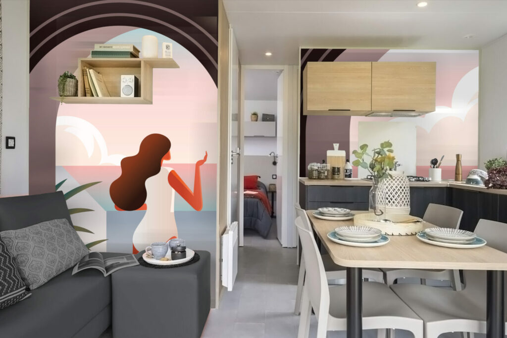 acheter fresque murale intissé trompe-l'œil pop paysage panoramique Grèce colonnes personnalisé pas cher mobil-home salle de vie