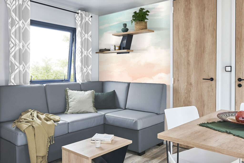 livraison rapide fresque papier peint panoramique minimaliste ciel nuage aquarelle sur mesure haut de gamme mobil-home salon