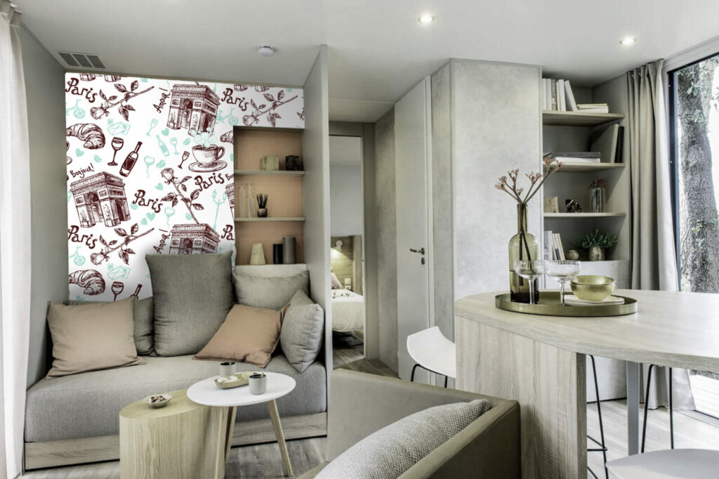 acheter papier peint pré encollé motif paris café France personnalisé pas cher mobil-home salon