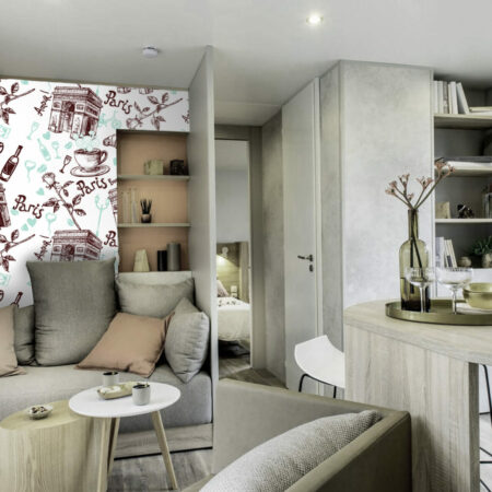 acheter papier peint pré encollé motif paris café France personnalisé pas cher mobil-home salon