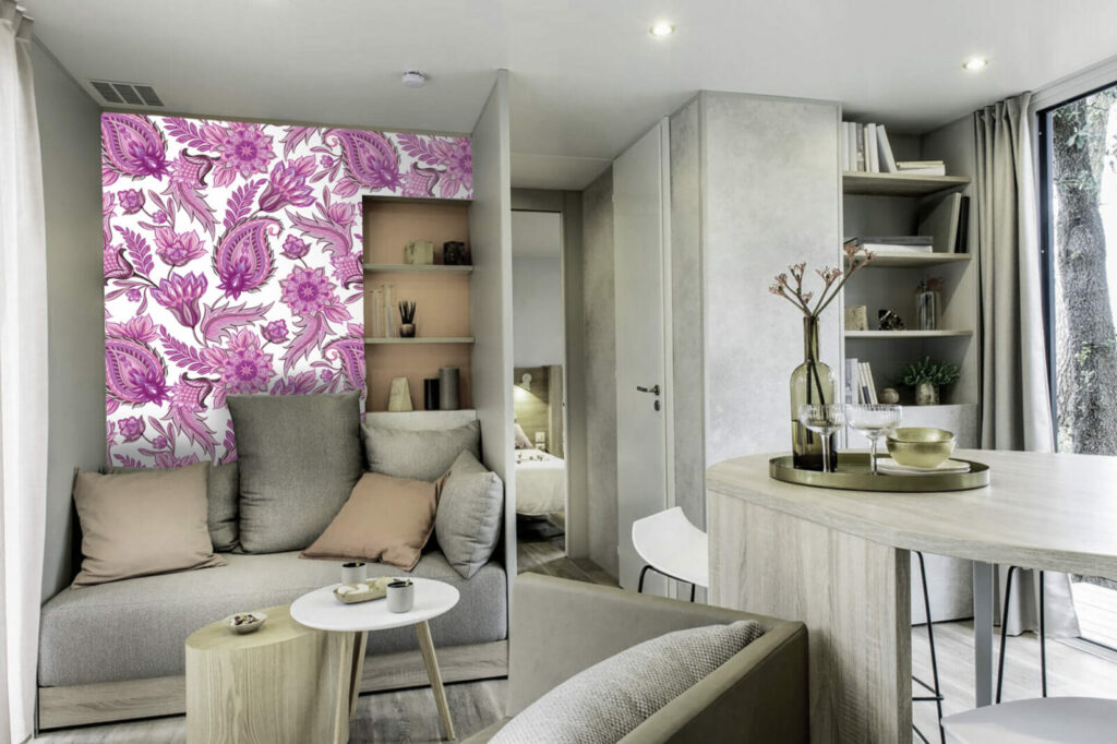papier peint déco mural floral intense chic salon mobil home - rose