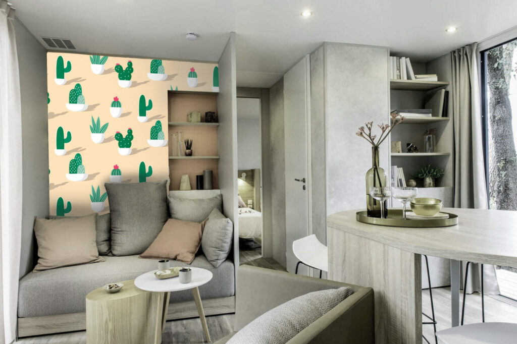 livraison gratuite fresque murale tapisserie repositionnable motif cactus et fleur Mexique sur-mesure meilleur prix mobil-home salon