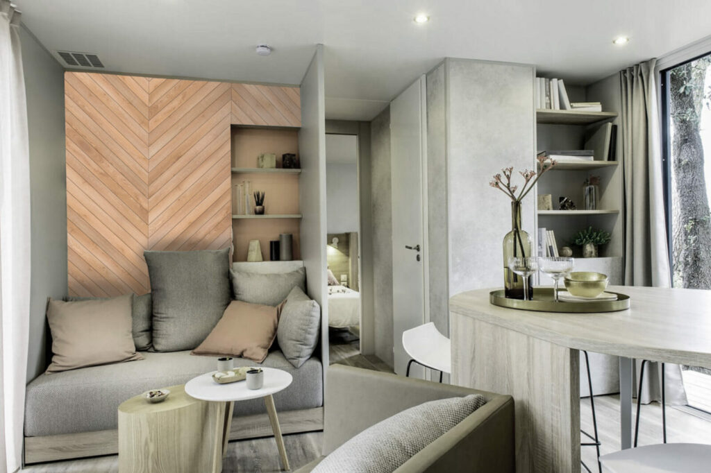 acheter tapisserie imprimé mural imitation chevrons bois personnalisé meilleur prix mobil-home salle de vie